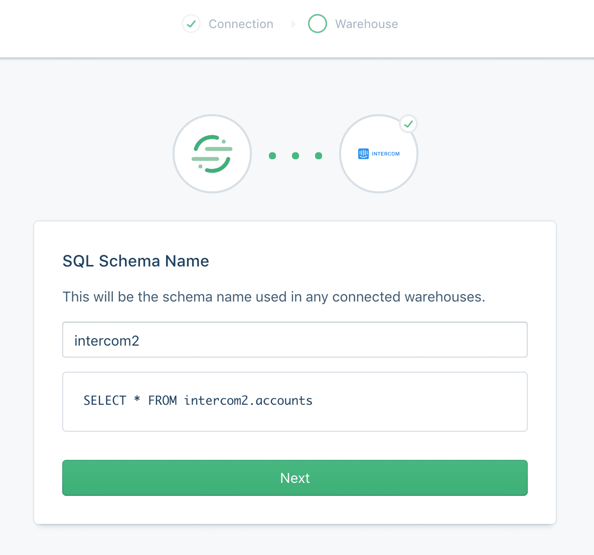 The SQL Schema Name screen in the Intercom setup flow.