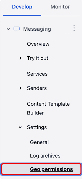 Geo permissions highlighted in messaging console side navigation.