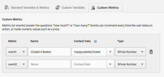 Adobe Analyitcs Custom Metrics tab showing the metric for 'Clicked A Button' defined.