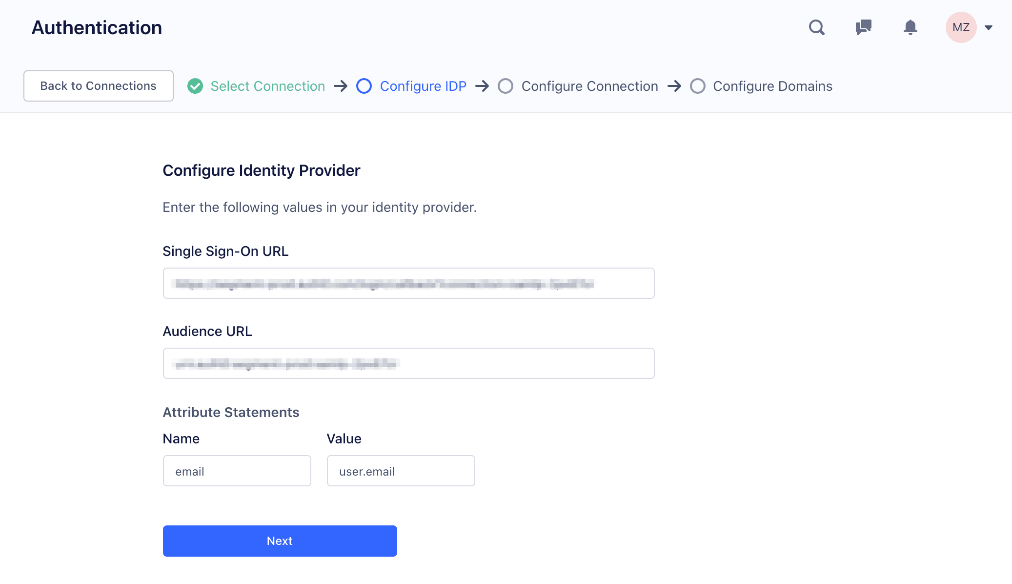 Configure Identity Provider screen with fields for SSO URL, Audience URL, and email attribute statement.