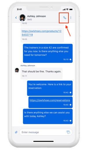 Chat interface with call icon highlighted for outgoing calls in Twilio Frontline.