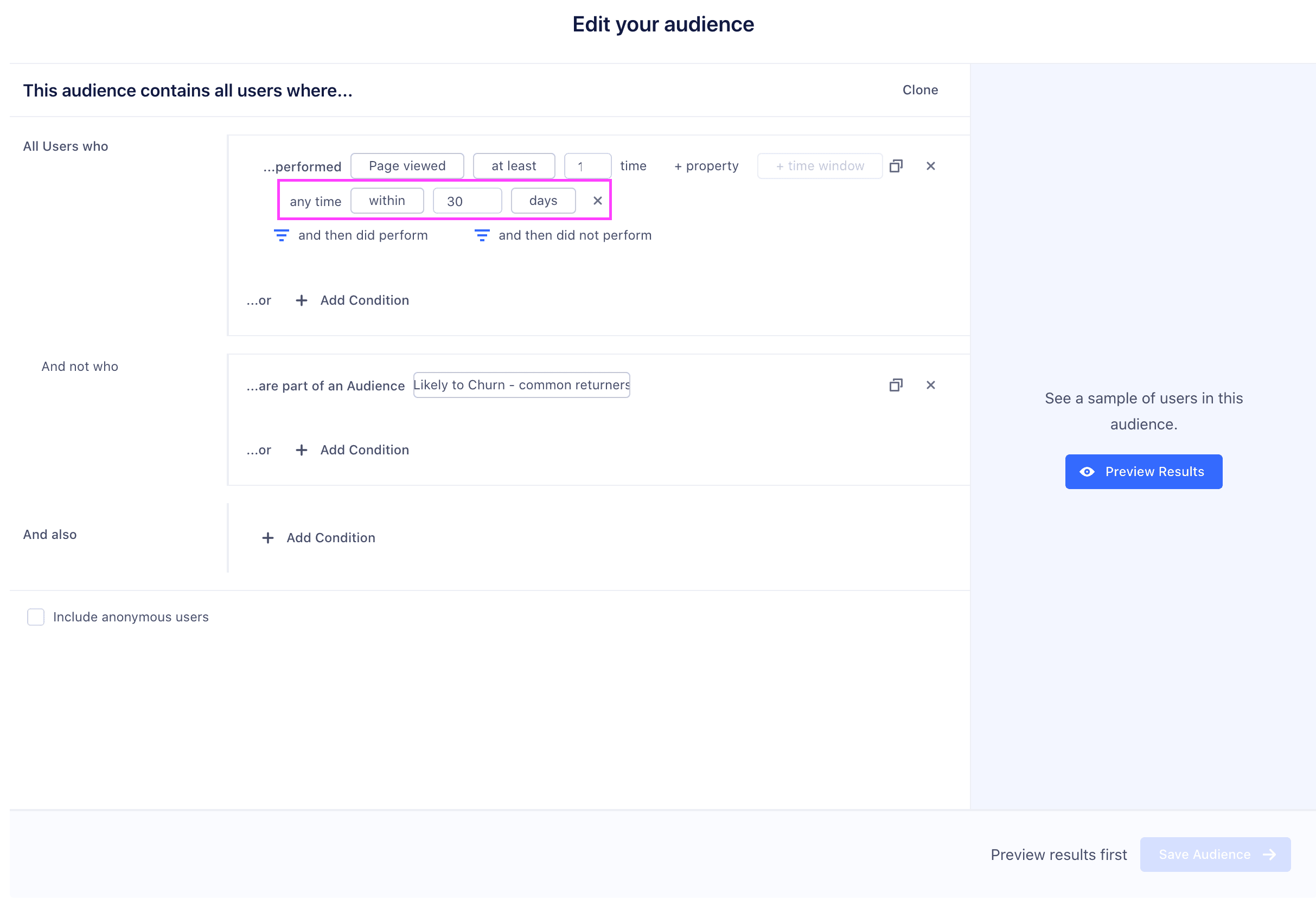 Audience builder showing users who viewed a page at least once within 30 days, excluding likely to churn.