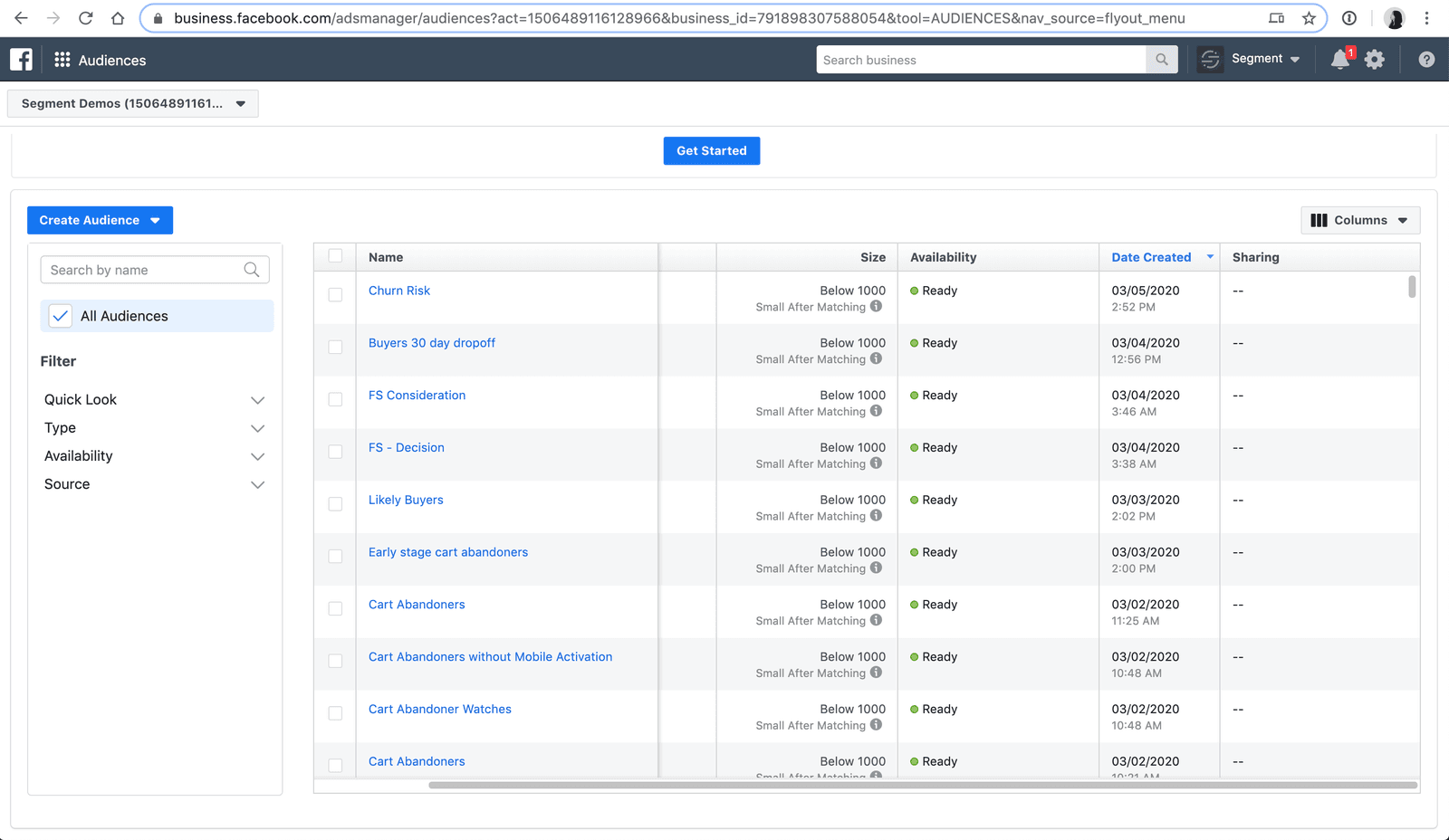 Facebook Ads Audiences page showing audience names, sizes, and availability status.