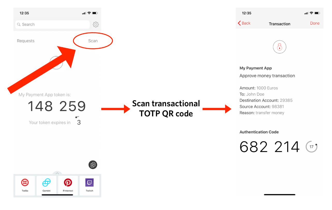 App interface showing TOTP token and transaction details with QR code scanning prompt.
