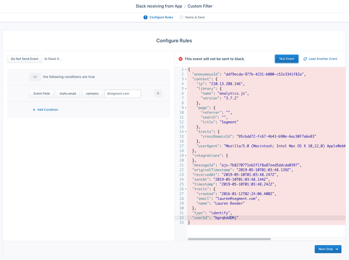 Example of a filter that removes internal and test events from production tools.