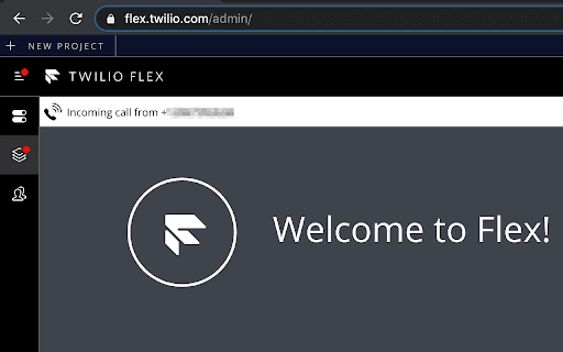 Twilio Flex dashboard with incoming call notification.