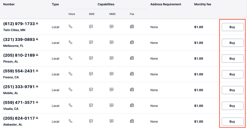Table of local phone numbers with capabilities and buy options.
