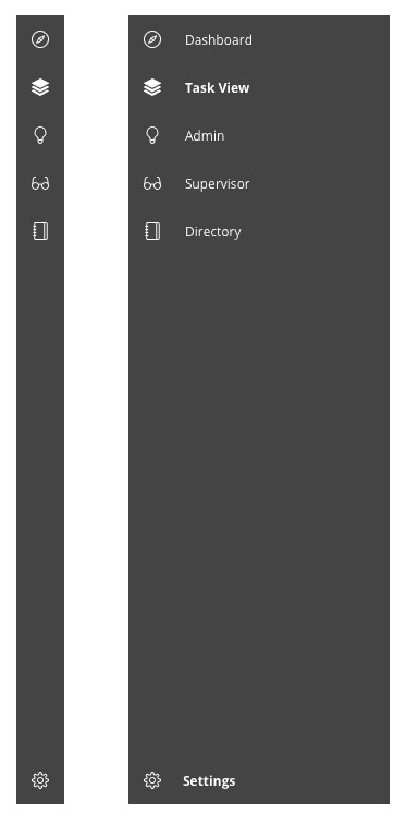 Collapsed and expanded sidenav with options: Dashboard, Task View, Admin, Supervisor, Directory, Settings.