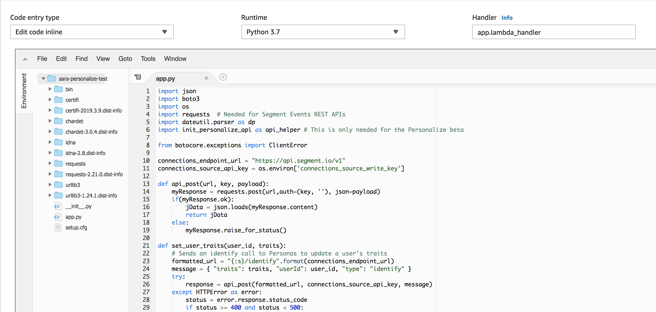 AWS Lambda code editor showing Python script for API requests and user trait updates.