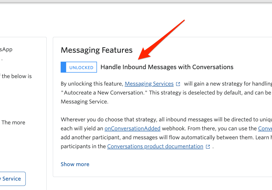 Messaging Features section with 'Unlocked' toggle for handling inbound messages with Conversations (classic).