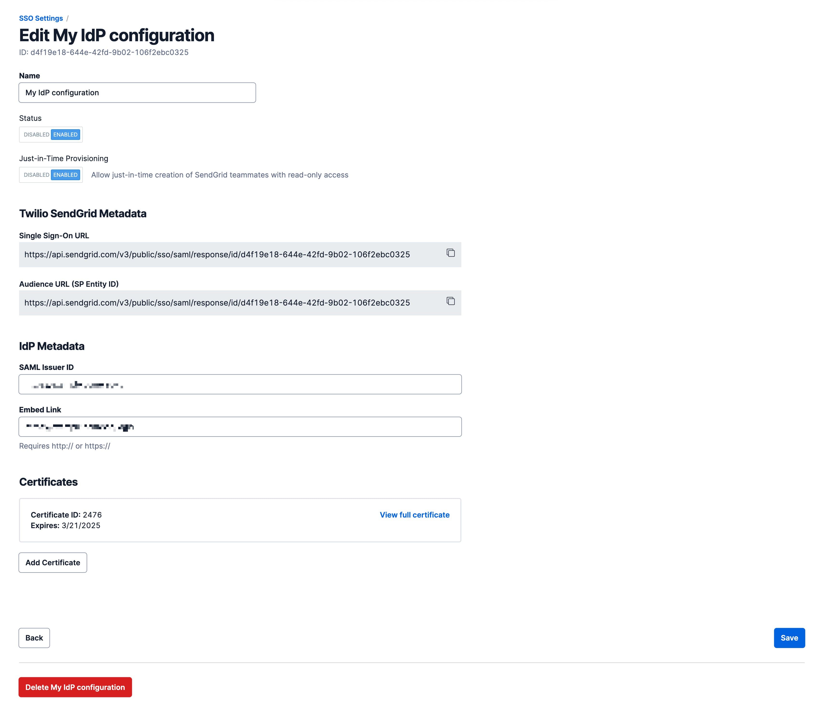 Edit My IdP configuration with status and just-in-time provisioning enabled.