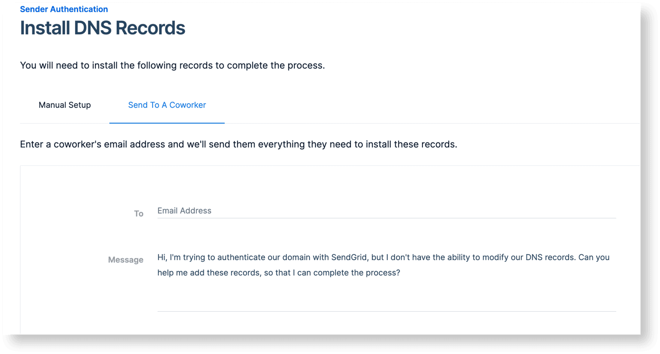 SendGrid tab for sending DNS record setup instructions to a coworker via email.