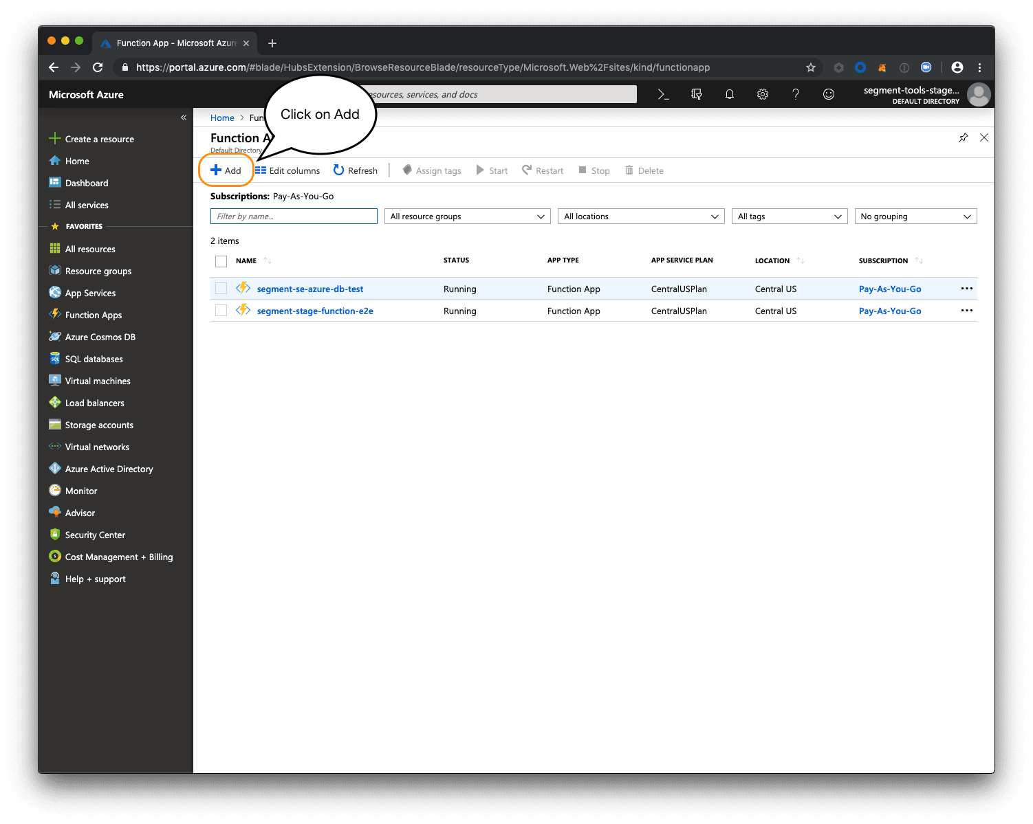 Azure Function Apps dashboard showing two running apps with an Add button highlighted.