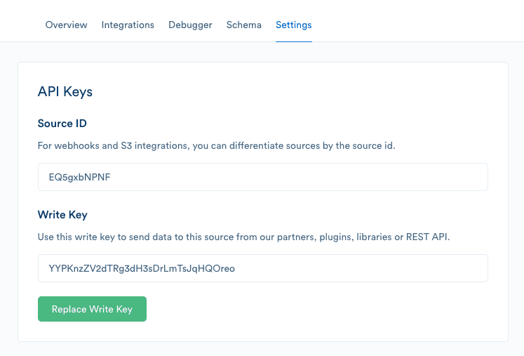 API keys settings page showing Source ID and Write Key fields with replace button.