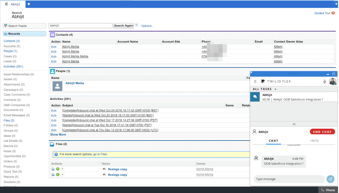Search results for existing contacts (Salesforce Classic).