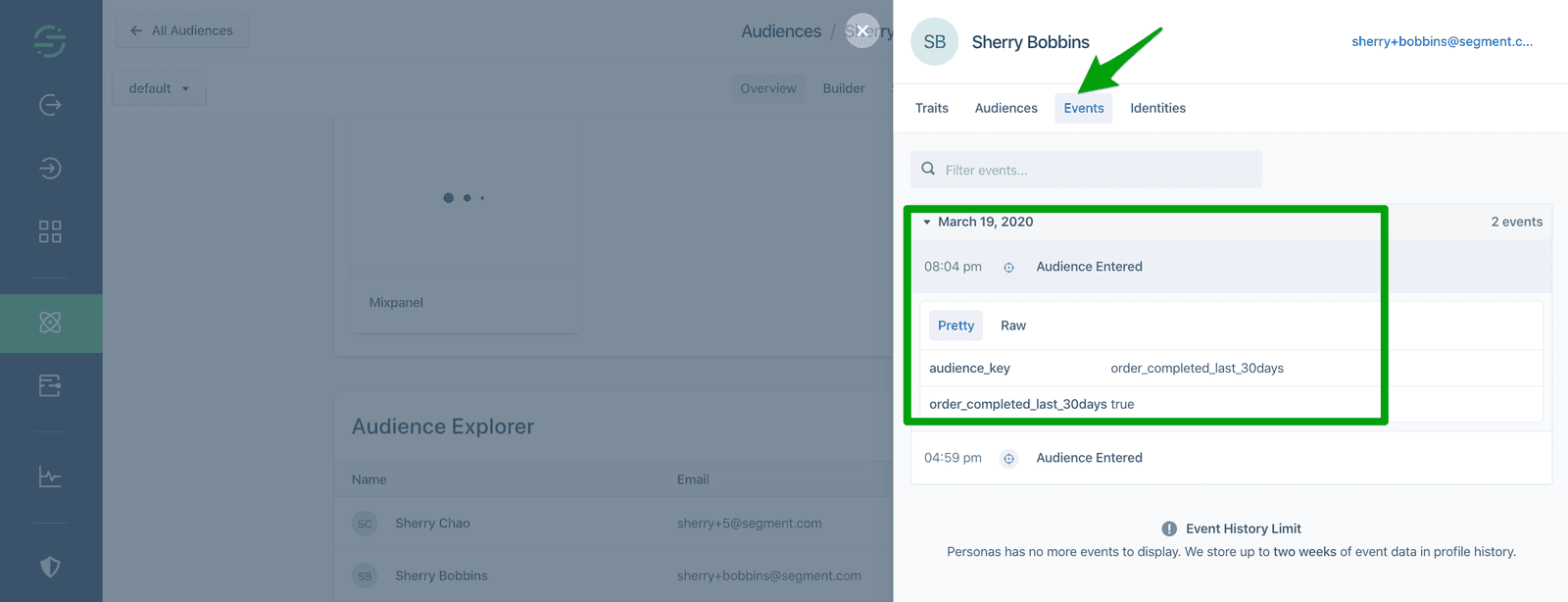 Segment Audience Explorer showing events for Sherry Bobbins with details of an Audience Entered event on March 19, 2020.