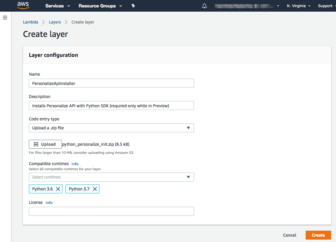AWS Lambda layer configuration for Personalize API with Python SDK, uploading zip file for Python 3.6 and 3.7.