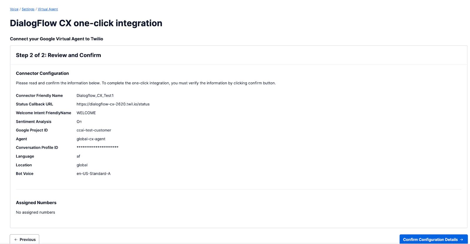 Dialogflow CX integration confirmation with connector details like name, URL, and language.
