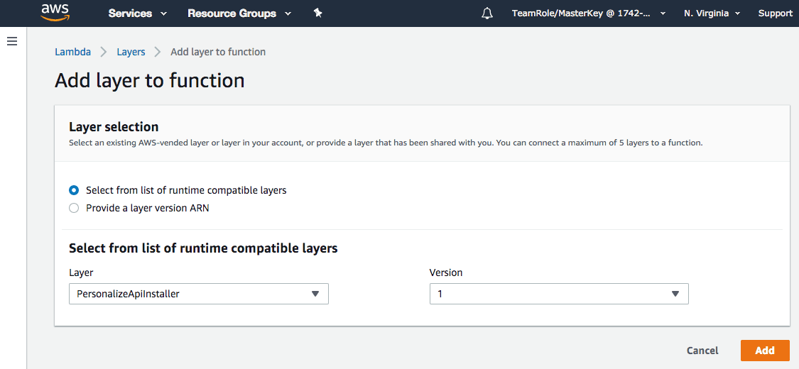 AWS Lambda add layer to function with PersonalizeApiInstaller selected.