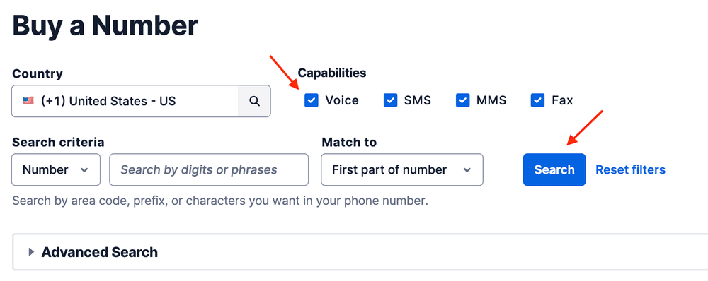Interface for buying a number with options for country, capabilities, and search criteria.